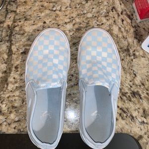 light blue checkered slip on vans